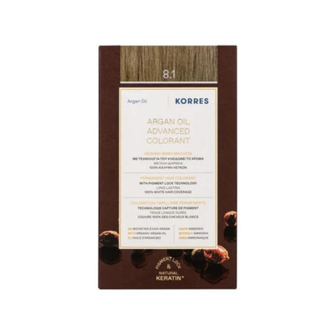 Korres Argan Oil Μόνιμη Βαφή Μαλλιών 8.1 Ξανθό Ανοιχτό Σαντρέ/Ash Light Blonde