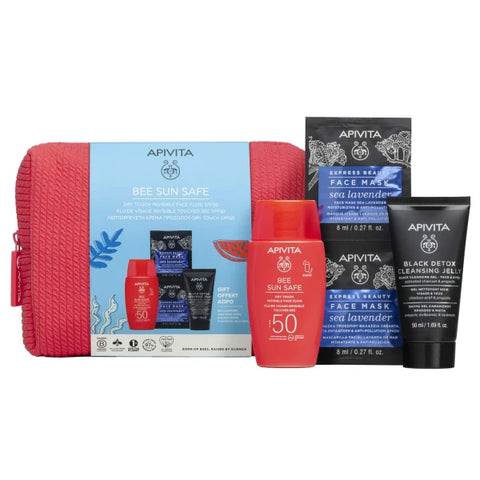 Apivita PROMO Bee Sun Safe SPF50 Invisible Face Fluid 50ml - Black Detox Cleansing Gel 50ml - Face Mask Sea Lavender 2x8ml