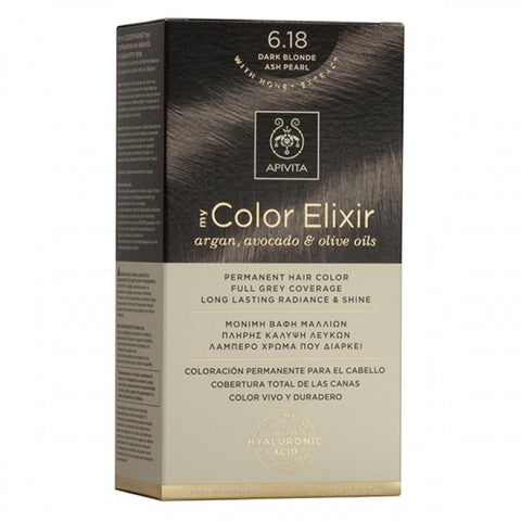 Apivita my Color Elixir Μόνιμη Βαφή Μαλλιών 6.18 Ξανθο Σκούρο Σαντρε Περλε/ Dark Blonde Ash Pearl