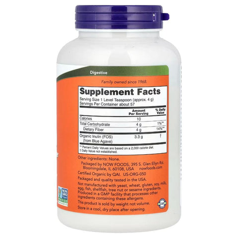 Now Certrified Organic Inulin Prebiotic Pure Powder