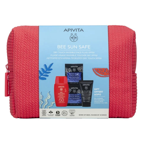 Apivita PROMO Bee Sun Safe SPF50 Invisible Face Fluid 50ml - Black Detox Cleansing Gel 50ml - Face Mask Sea Lavender 2x8ml